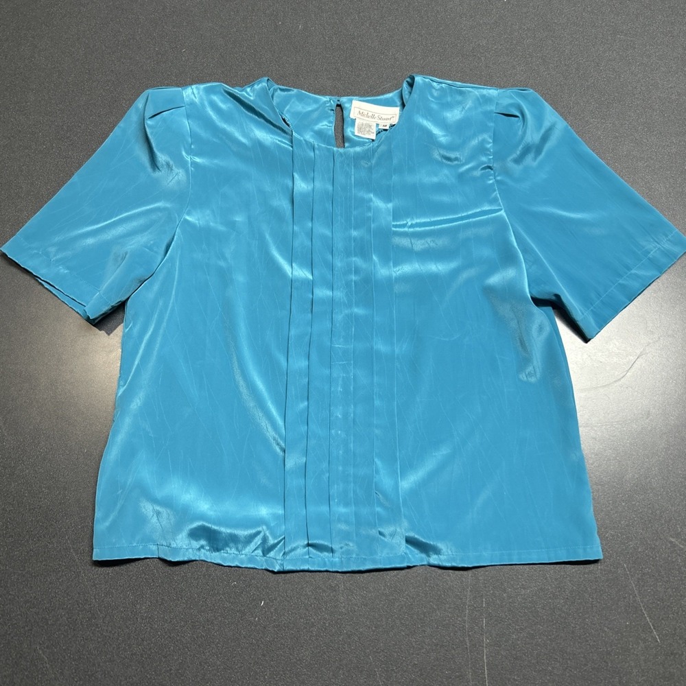 Womens Teal Pleated Blouse Size M Short Sleeve Michelle Stuart 90s Office Career